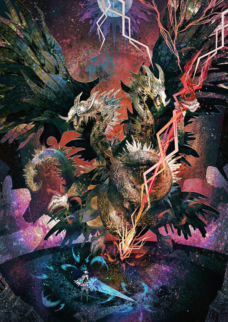 1boy 1other ancient_dragon_(elden_ring) armor claws debris dragon dragon_wings dragonlord_placidusax elden_ring electricity electrokinesis energy_sword gaxix holding holding_weapon hydra lightning magic monster multiple_heads red_lightning severed_head sharp_teeth sword tarnished_(elden_ring) teeth weapon western_dragon wings