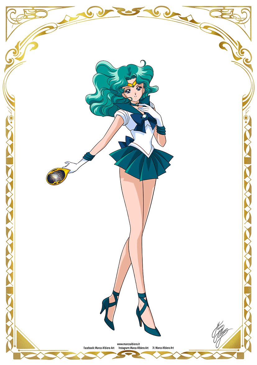 1girl artist_name bishoujo_senshi_sailor_moon blue_choker blue_eyes blue_sailor_collar blue_skirt bow choker circlet deep_aqua_mirror gloves kaiou_michiru long_hair looking_at_viewer magical_girl marco_albiero neptune_symbol outer_senshi sailor_collar sailor_neptune sailor_senshi sailor_senshi_uniform signature simple_background skirt smile solo strappy_heels twitter_username white_background white_gloves