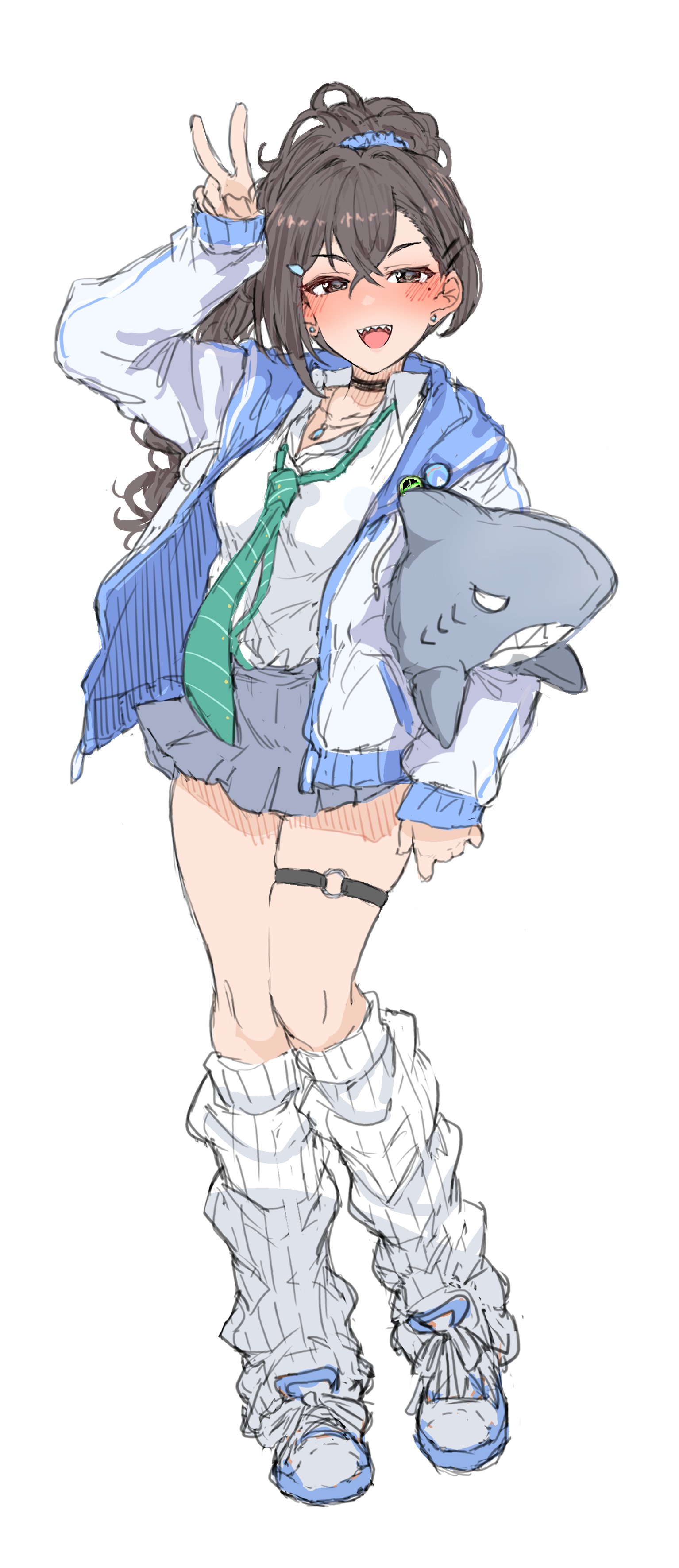 1girl absurdres black_choker black_hair blush breasts choker earrings full_body green_necktie grey_skirt gyaru highres idolmaster idolmaster_cinderella_girls jacket jewelry kogal long_sleeves looking_at_viewer loose_necktie loose_socks medium_breasts miniskirt mole mole_under_eye multicolored_jacket necklace necktie o-ring o-ring_thigh_strap open_clothes open_collar open_jacket pleated_skirt ponytail sharp_teeth shirt shirt_tucked_in shoes simple_background skirt smile sneakers socks solo stud_earrings stuffed_animal stuffed_shark stuffed_toy sunazuka_akira teeth thigh_strap two-sided_fabric two-sided_jacket two-tone_jacket v wasabijoyu76 white_background white_shirt white_socks