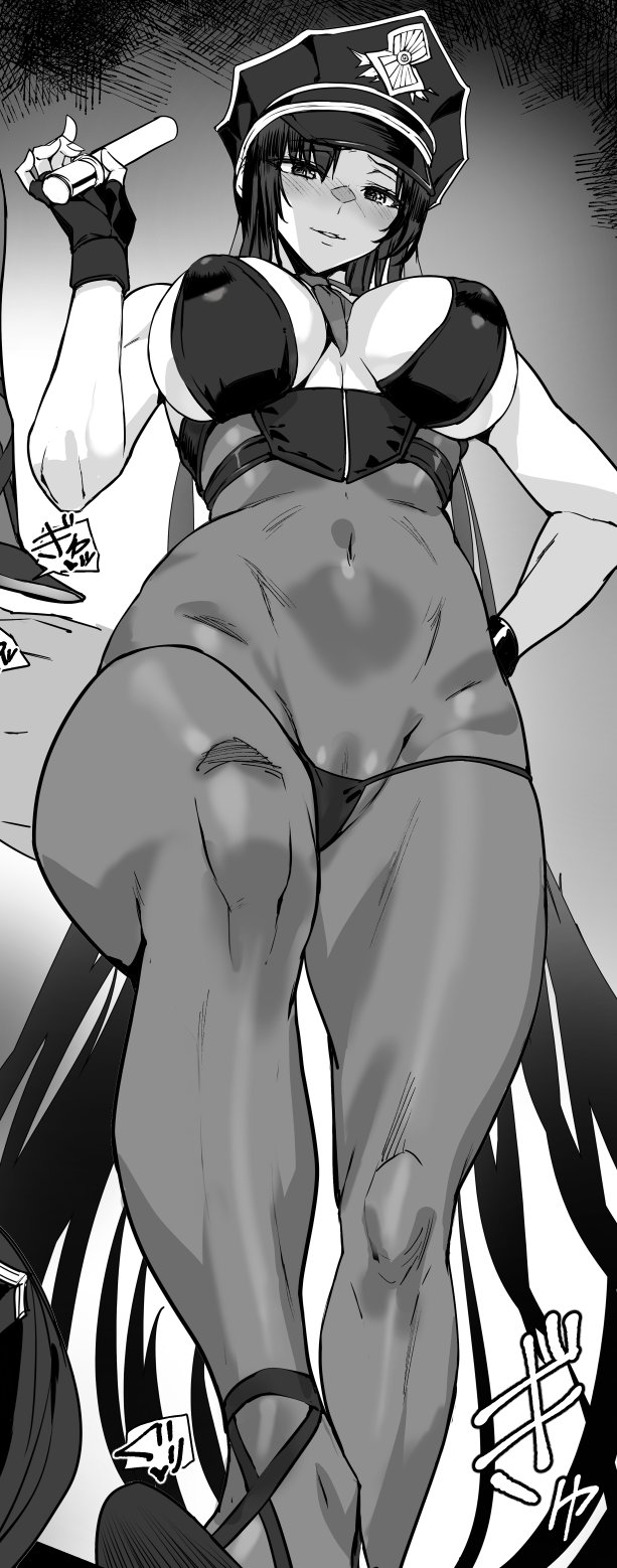 1girl absurdly_long_hair ashiomi_masato bikini bikini_bottom_only blush bodystocking breasts commentary covered_erect_nipples covered_navel crop_top cropped fate/grand_order fate_(series) foot_out_of_frame from_below furrowed_brow greyscale hand_on_own_hip hat highres large_breasts long_hair looking_at_viewer monochrome necktie parted_lips peaked_cap police_hat sessyoin_kiara sessyoin_kiara_(swimsuit_mooncancer) sessyoin_kiara_(swimsuit_mooncancer)_(second_ascension) short_necktie solo sound_effects standing string_bikini swimsuit traffic_baton underbust very_long_hair
