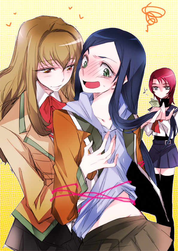 00s 3girls bdsm blue_hair blush bondage bound bound_torso brown_hair fujino_shizuru grabbing_another&#039;s_breast green_eyes groping heart kuga_natsuki long_hair molestation multiple_girls my-hime pink_hair red_eyes school_uniform short_hair smile thighhighs tima yuri yuuki_nao