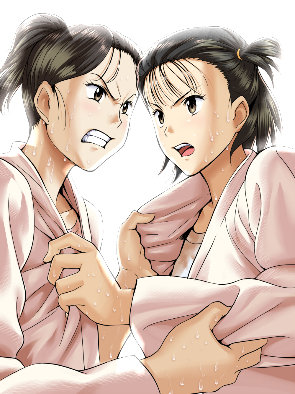 2girls angry asymmetrical_hair backlighting black_hair brown_eyes clenched_teeth clothes_grab dougi fighting forehead g-tetsu hair_strand highres honami_sayaka inokuma_yawara judo long_sleeves multiple_girls nervous_sweating ponytail shirt_tug short_hair side_ponytail sleeve_grab sportswear sweat teeth very_sweaty white_background yawara_a_fashionable_judo_girl