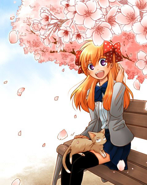 1girl animal animal_on_lap animalization bench black_thighhighs blue_skirt bow cat cat_on_lap cherry_blossoms commentary_request gekkan_shoujo_nozaki-kun grey_jacket hair_bow hori_masayuki jacket miniskirt on_lap open_mouth orange_hair petals polka_dot polka_dot_bow purple_eyes sakura_chiyo school_uniform sitting skirt smile takana_x123 thighhighs zettai_ryouiki