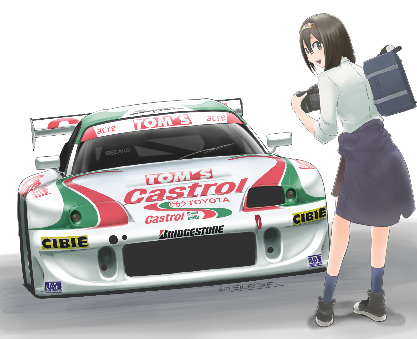 1girl artist_name bag black_eyes black_hair black_jacket black_shoes blue_socks blush bridgestone brown_headband brown_skirt camera car castrol clothes_around_waist collared_shirt from_behind hair_between_eyes headband highres holding holding_camera jacket jacket_around_waist looking_at_viewer mizuki_shizuka_(silenxe) motor_vehicle original race_vehicle racecar school_bag school_uniform shadow shirt shoes silenxe skirt smile sneakers socks solo spoiler_(automobile) super_gt tom's_racing toyota toyota_supra toyota_supra_mk_iv vehicle_focus vehicle_name white_shirt