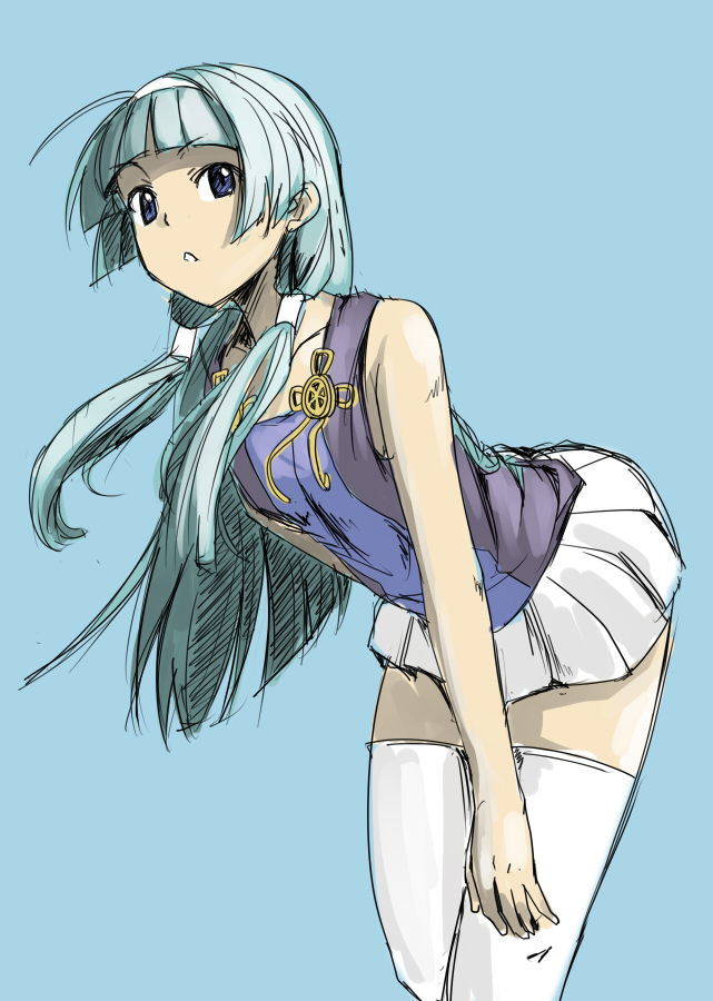 1girl bad_id bad_pixiv_id bare_shoulders bent_over blue_eyes blue_hair blunt_bangs female_focus hair_tubes hairband hime_cut kannagi leaning_forward long_hair matching_hair/eyes nagi pleated_skirt shive sketch skirt solo thighhighs white_skirt white_thighhighs zettai_ryouiki