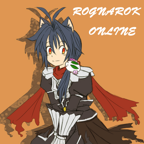 1boy animal_ears antenna_hair armor assassin_cross_(ragnarok_online) azlia black_cape black_pants black_shirt cape cat_boy cat_ears chinese_commentary closed_mouth commentary_request copyright_name cowboy_shot grey_hair hair_intakes hair_over_shoulder long_hair looking_at_viewer lowres male_focus orange_background orange_eyes pants pauldrons ragnarok_online red_scarf scarf seiza shadow shirt shoulder_armor simple_background sitting smile solo torn_cape torn_clothes torn_scarf typo vambraces waist_cape