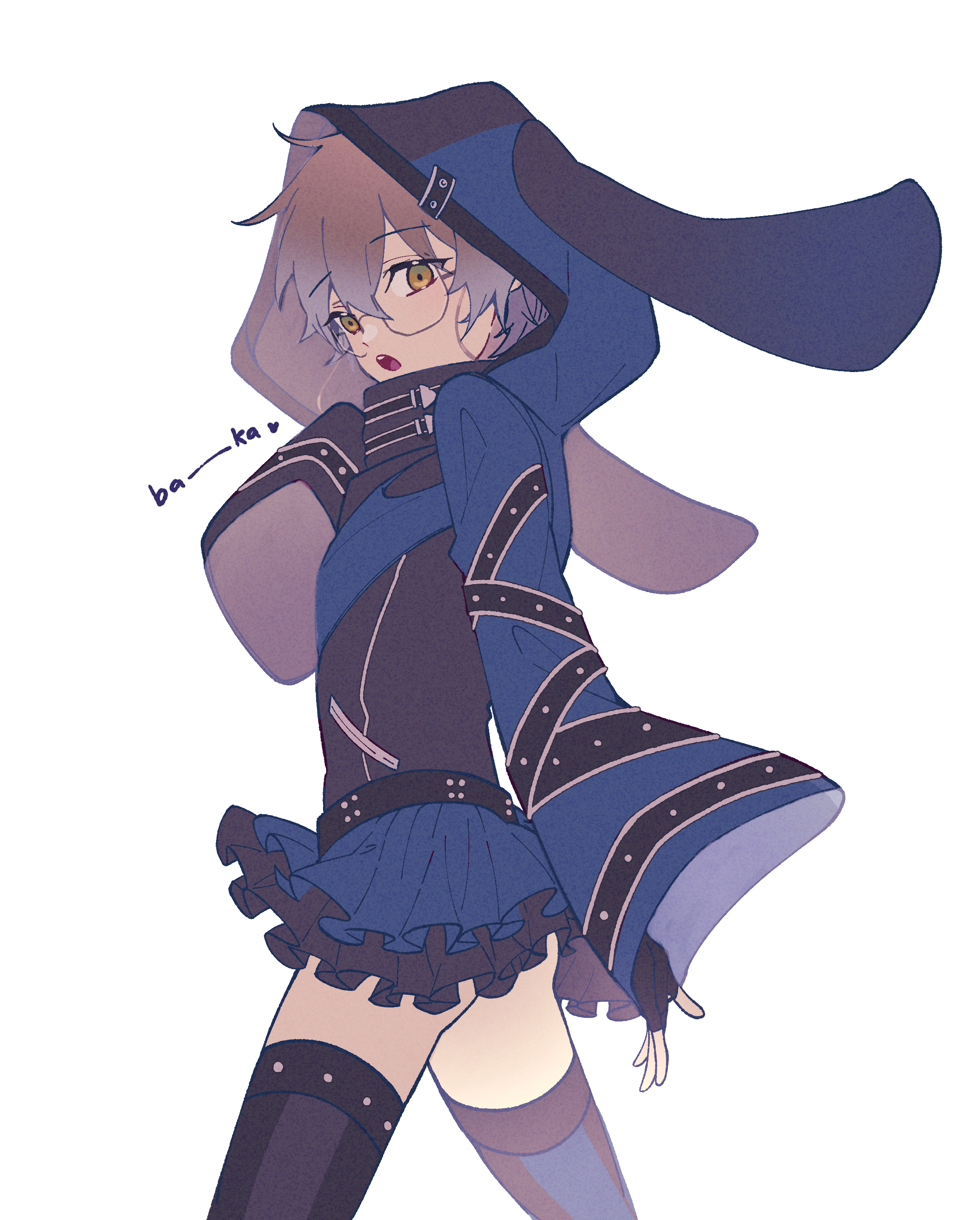 1boy :o absurdres animal_hood belt black_belt black_gloves blue_thighhighs brown_hair cosplay crossdressing dress effole_(fairy_fencer_f) effole_(fairy_fencer_f)_(cosplay) eyewear_strap fingerless_gloves gloves green_eyes hair_between_eyes high_collar highres hood hood_up ike_eveland ki_sushi_taiyou long_sleeves looking_at_viewer male_focus multicolored_dress multicolored_eyes nijisanji nijisanji_en open_mouth rabbit_hood round_eyewear short_hair simple_background solo striped_clothes striped_thighhighs thighhighs vertical-striped_clothes vertical-striped_thighhighs virtual_youtuber walking white_background yellow_eyes