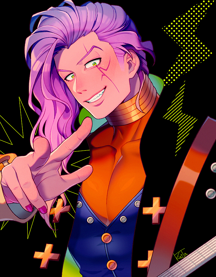 1boy black_background black_jacket blending blue_vest diamond_wa_kudakenai facial_mark green_eyes grin jacket jojo_no_kimyou_na_bouken kiri_futoshi lightning_bolt_symbol long_hair long_sleeves looking_at_viewer male_focus orange_shirt otoishi_akira pectorals pink_nails purple_hair shirt sideburns smile solo vest