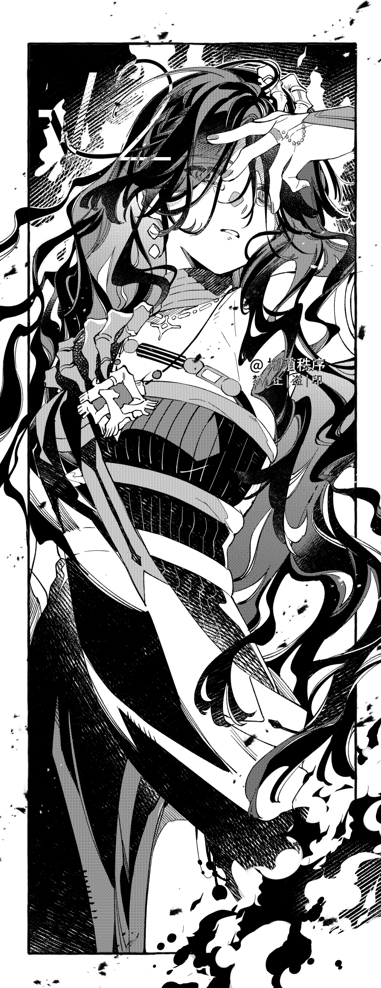 1girl artist_name choker cowboy_shot dress eyes_visible_through_hair fire greyscale hair_over_one_eye hand_on_own_head hand_up highres long_hair looking_at_viewer monochrome parted_lips reverse:1999 single_bare_shoulder single_off_shoulder solo sophia_(manus_vindictae)_(reverse:1999) sophia_(reverse:1999) very_long_hair wavy_hair zengzhi_zhixu