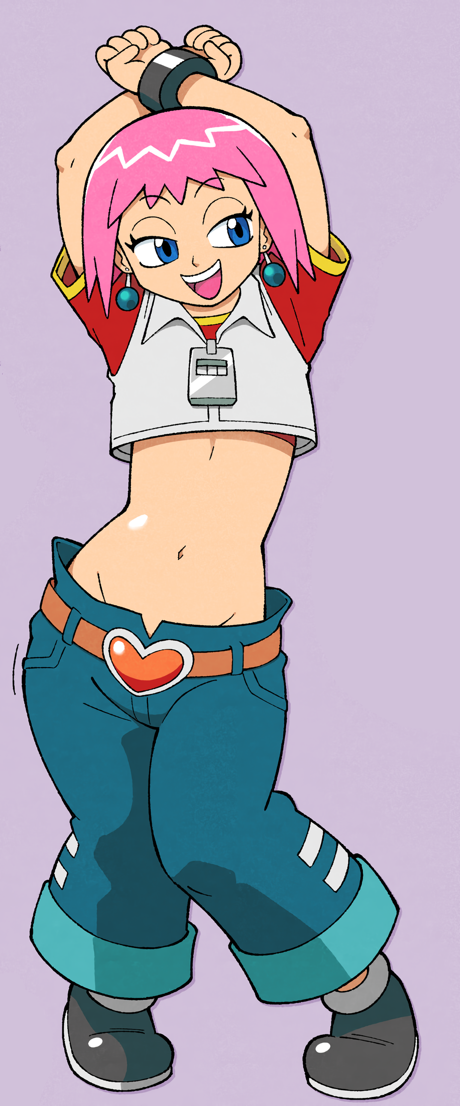 1girl arms_behind_head beauty_(bobobo-bo_bo-bobo) blue_eyes bobobo-bo_bo-bobo breasts highres legs midriff navel open_mouth pants pink_hair seductive_smile shenanimation short_hair small_breasts smile solo thighs