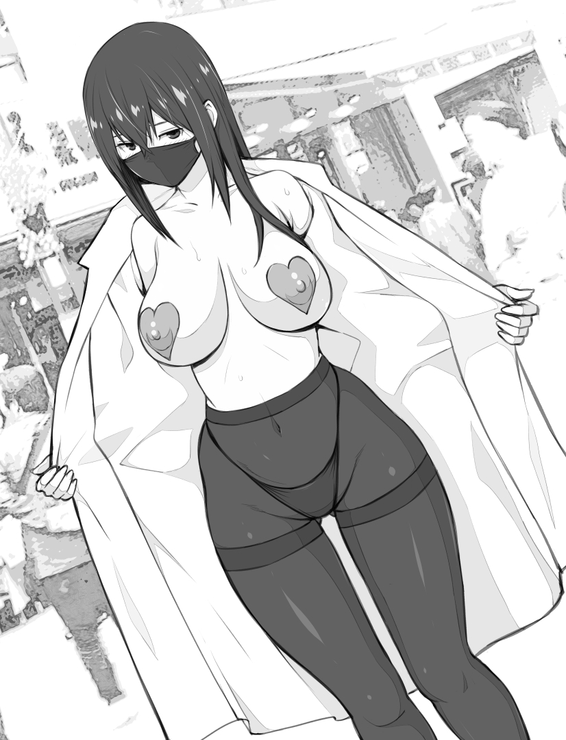 1girl black_pantyhose breasts covered_erect_nipples greyscale heart_pasties large_breasts long_hair looking_at_viewer makise_kurisu mask monochrome mouth_mask navel panties pantyhose pasties public_indecency public_nudity sanagi_torajirou science_adventure solo steins;gate stomach string_panties underwear