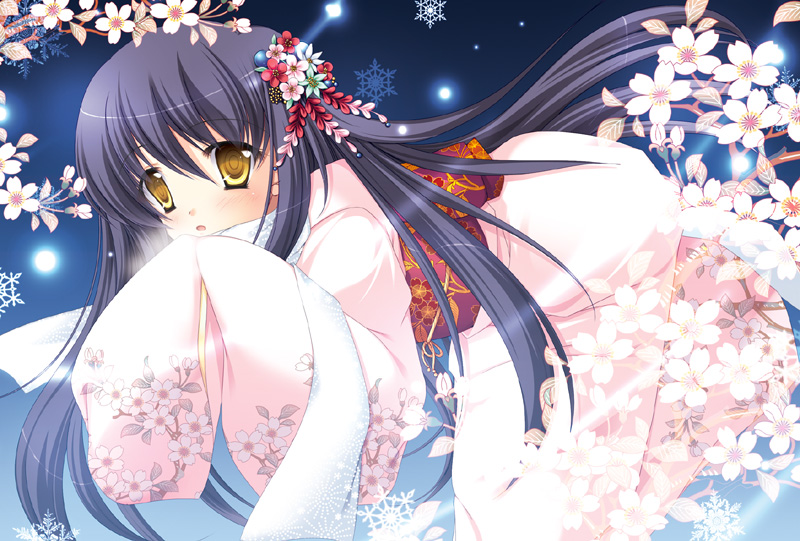 1girl bad_id bad_pixiv_id black_hair cherry_blossoms female_focus floral_print hair_ornament japanese_clothes kimono long_hair looking_at_viewer nurarihyon_no_mago parted_lips scarf solo suihi yellow_eyes yuki_onna_(nurarihyon_no_mago)