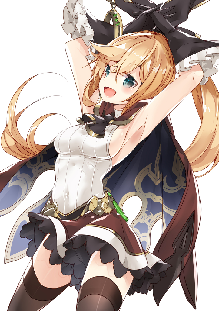 10s 1girl 218 armpits arms_up black_thighhighs blue_eyes breasts brown_hair cape clarisse_(granblue_fantasy) covered_navel female_focus gloves granblue_fantasy hair_ribbon long_hair looking_at_viewer open_mouth ponytail ribbon sideboob skirt smile solo thighhighs