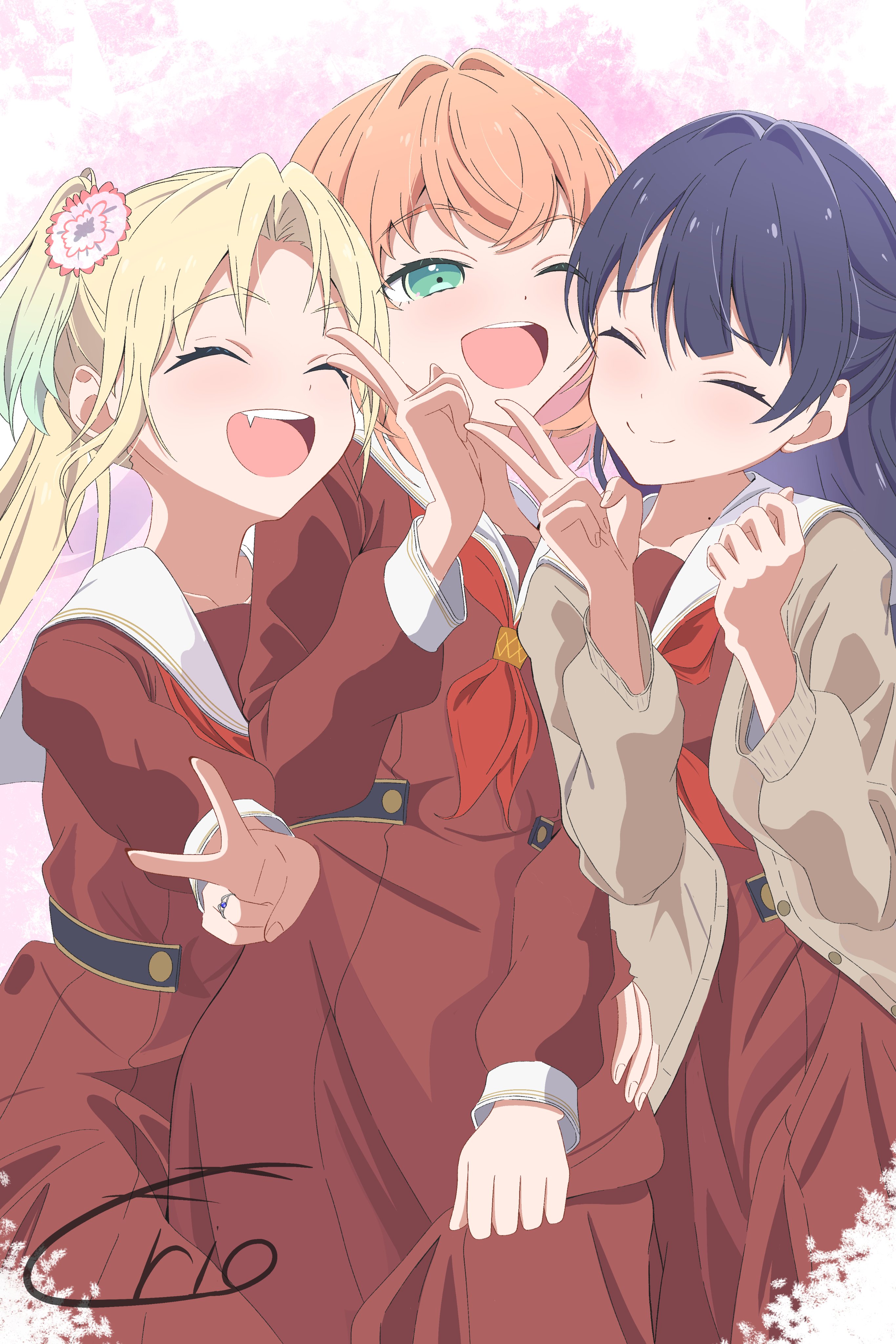 3girls :d ;d ^_^ absurdres aqua_eyes aqua_hair blonde_hair blue_hair blush brown_cardigan brown_dress cardigan clenched_hand closed_eyes closed_mouth commentary cowboy_shot crossed_bangs curtained_hair dress fang flower gradient_hair hair_flower hair_ornament half_updo hasu_no_sora_school_uniform highres hinoshita_kaho link!_like!_love_live! long_hair long_sleeves love_live! medium_hair mole mole_on_neck morio_(mmorio_mu) multicolored_hair multiple_girls murano_sayaka neckerchief one_eye_closed open_cardigan open_clothes open_mouth orange_hair osawa_rurino parted_bangs pink_background pink_flower pleated_dress red_neckerchief sailor_collar sailor_dress school_uniform sidelocks signature skirt_hold smile split_mouth teeth twintails upper_teeth_only v virtual_youtuber white_sailor_collar winter_uniform