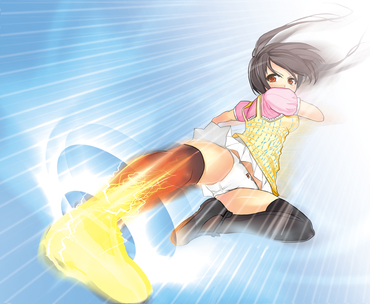 1girl action aura black_hair bow bow_panties brown_eyes char emphasis_lines female_focus fire kicking original panties pantyshot skirt solo thighhighs twintails underwear upskirt white_panties