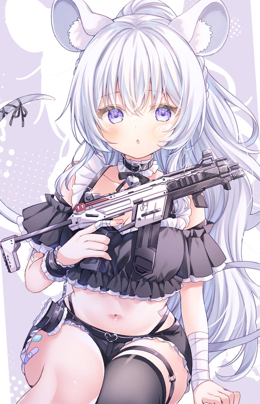 1girl :c animal_ears apex_legends arm_at_side bandaged_arm bandages bare_shoulders black_collar black_shirt black_shorts black_thighhighs blush collar collarbone cowboy cowboy_western cropped_shirt crossed_bangs dot_nose frilled_collar frills gun hair_between_eyes highres holding holding_gun holding_weapon indie_virtual_youtuber legs_together long_hair looking_at_viewer midriff miyahana_yu_(artist) mouse_ears mouse_girl navel off-shoulder_shirt off_shoulder open_mouth outline purple_background purple_eyes r-99_smg shirt short_shorts shorts sidelocks simple_background single_thighhigh solo stomach submachine_gun thighhighs weapon western white_hair white_outline yamane_nemu_(vtuber)