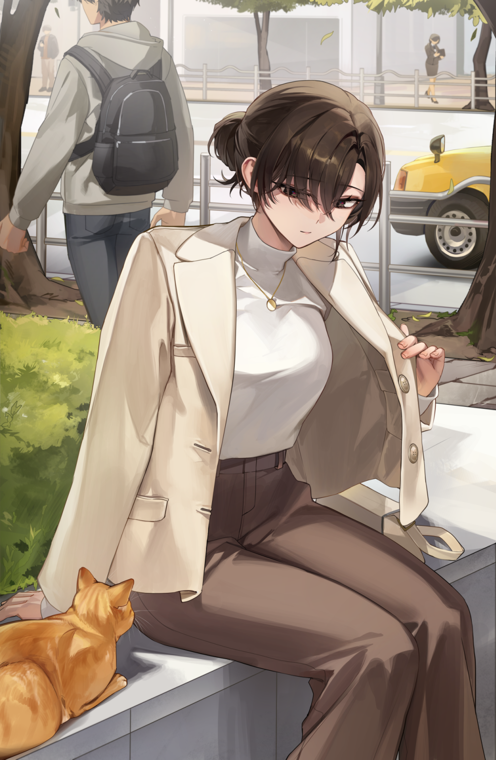 1girl black_eyes breasts brown_hair brown_jacket brown_pants cat closed_mouth commentary_request eyes_visible_through_hair hair_bun hair_over_one_eye highres jacket jewelry large_breasts looking_at_animal necklace open_clothes open_jacket original outdoors pants people sabotensuteeki shirt short_hair single_hair_bun sitting smile solo solo_focus turtleneck turtleneck_shirt white_shirt