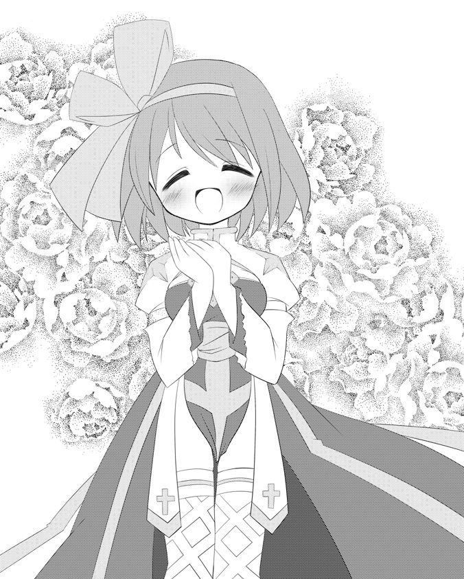 1girl arch_bishop_(ragnarok_online) blush bow_hairband breasts cleavage_cutout closed_eyes clothing_cutout commentary_request cowboy_shot cross dress fishnet_thighhighs fishnets greyscale hairband juliet_sleeves long_sleeves medium_breasts monochrome open_mouth own_hands_together pelvic_curtain puffy_sleeves ragnarok_online sash short_hair smile solo sou_ryuu thighhighs two-tone_dress