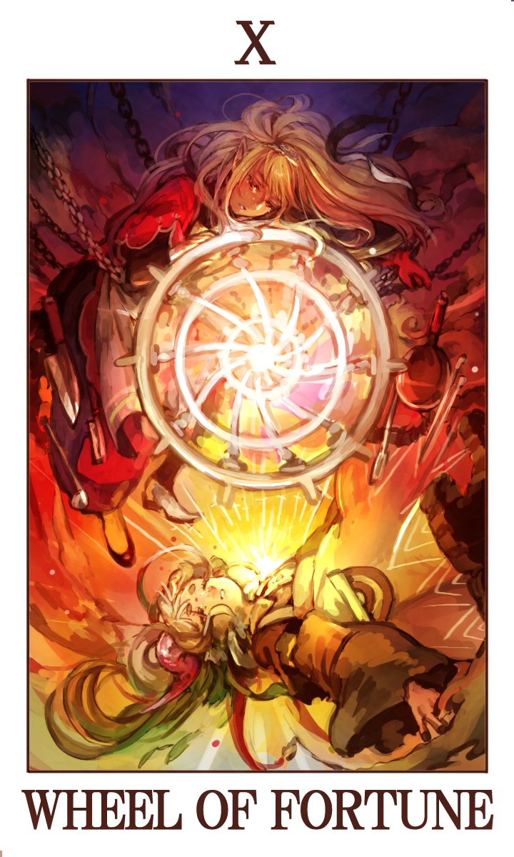 2girls akaneko_(redakanekocat) apron closed_mouth commentary_request floating_hair frying_pan gloves grey_hair highres horns kitchen_knife multiple_girls original parted_lips pixiv_fantasia pixiv_fantasia_fallen_kings pointy_ears red_gloves red_horns spatula tarot wheel_of_fortune_(tarot)