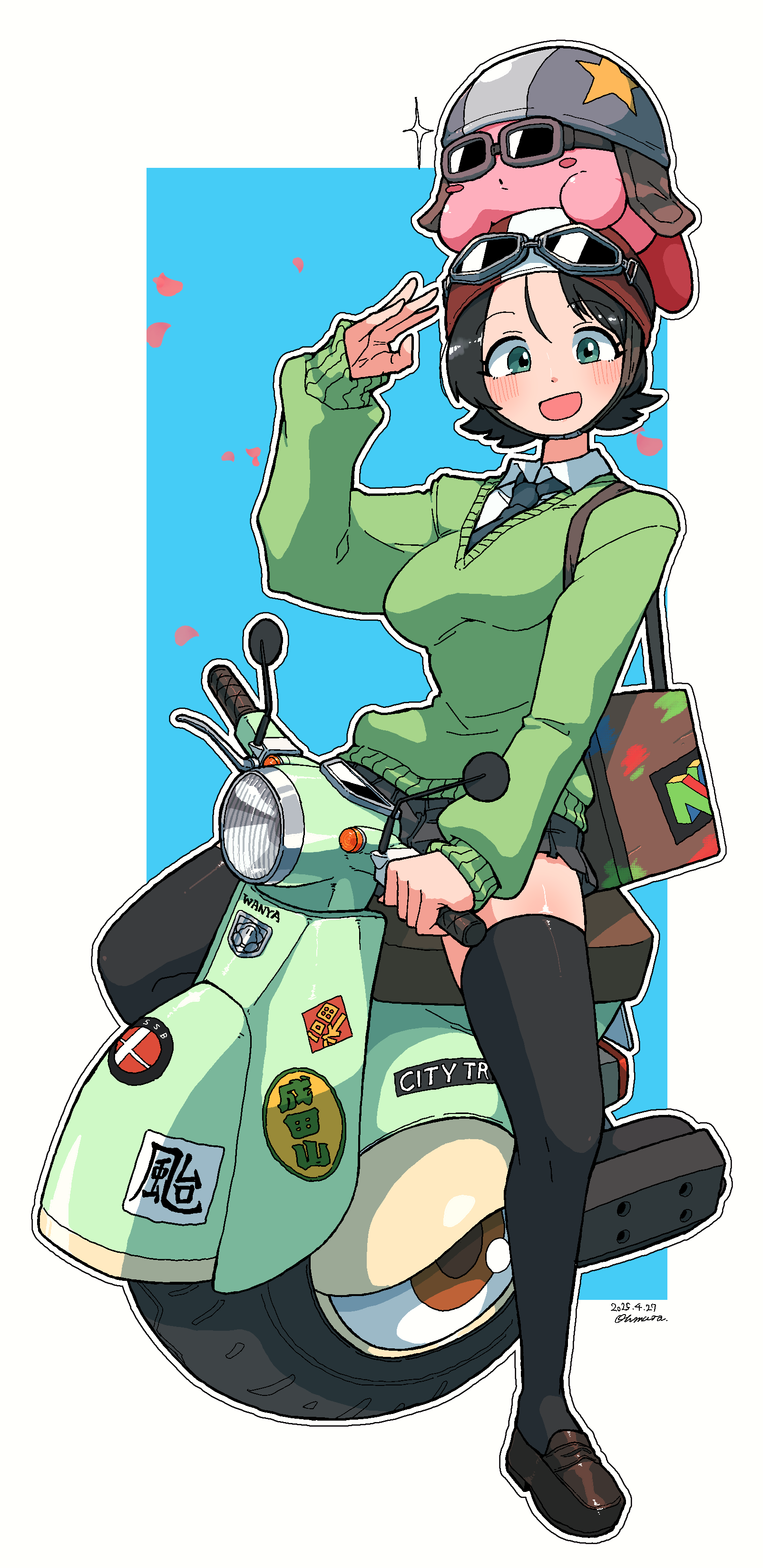 1girl absurdres adeleine black_hair black_thighhighs blush_stickers breasts colored_skin goggles goggles_on_headwear green_eyes green_sweater helmet highres kirby kirby_(series) kirby_air_ride nintendo omura_zojiki outline petals pink_skin sparkle super_smash_bros. super_smash_bros._logo sweater thighhighs waddle_dee wheelie_(kirby) white_outline
