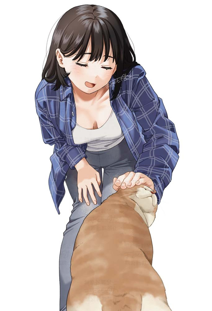 1girl animal artist_name black_hair blue_shirt blush breasts breasts_apart cat closed_eyes collared_shirt facing_viewer feet_out_of_frame grey_pants hand_on_own_thigh leaning_forward long_hair long_sleeves mattaku_mousuke medium_breasts open_clothes open_mouth open_shirt orange_cat original pants petting plaid_clothes plaid_shirt shirt simple_background solo standing watermark white_background white_shirt