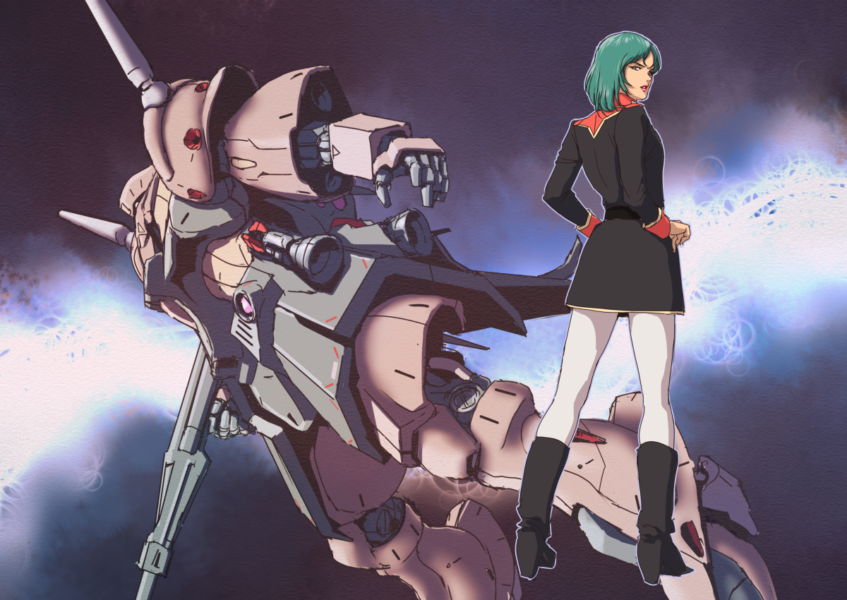1girl boots gabthley green_hair gundam mecha military military_uniform mouar_pharaoh robot space teikoku_jokyoku zeta_gundam zeta_gundam_define