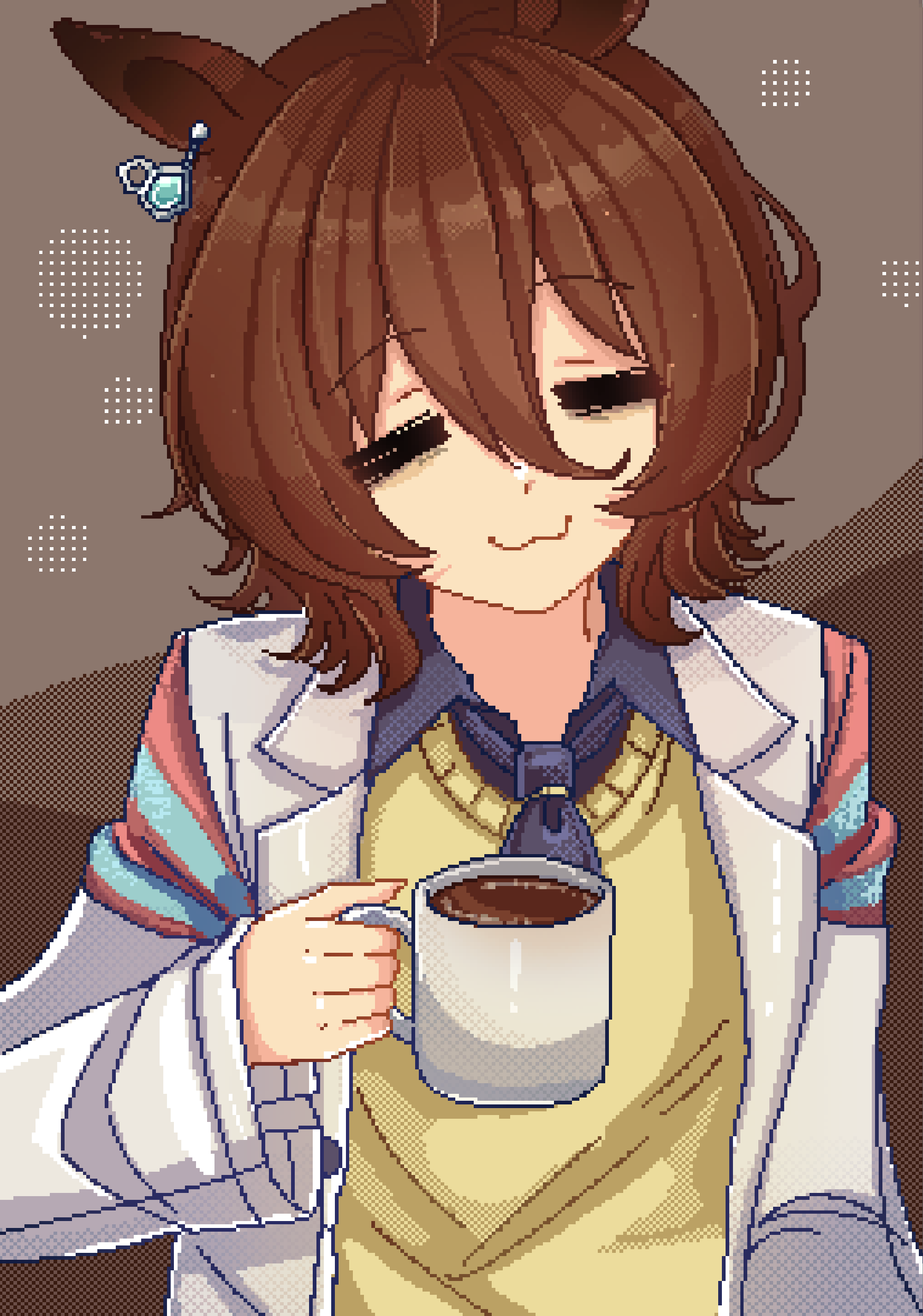 1girl :3 absurdres agnes_tachyon_(umamusume) ahoge animal_ears black_necktie black_shirt brown_hair chemical_structure closed_eyes closed_mouth coat collared_shirt cup earrings hair_between_eyes highres holding holding_cup horse_ears horse_girl jewelry lab_coat long_sleeves medium_hair mug necktie open_clothes open_coat rinacchi shirt short_necktie single_earring solo sweater umamusume white_coat yellow_sweater