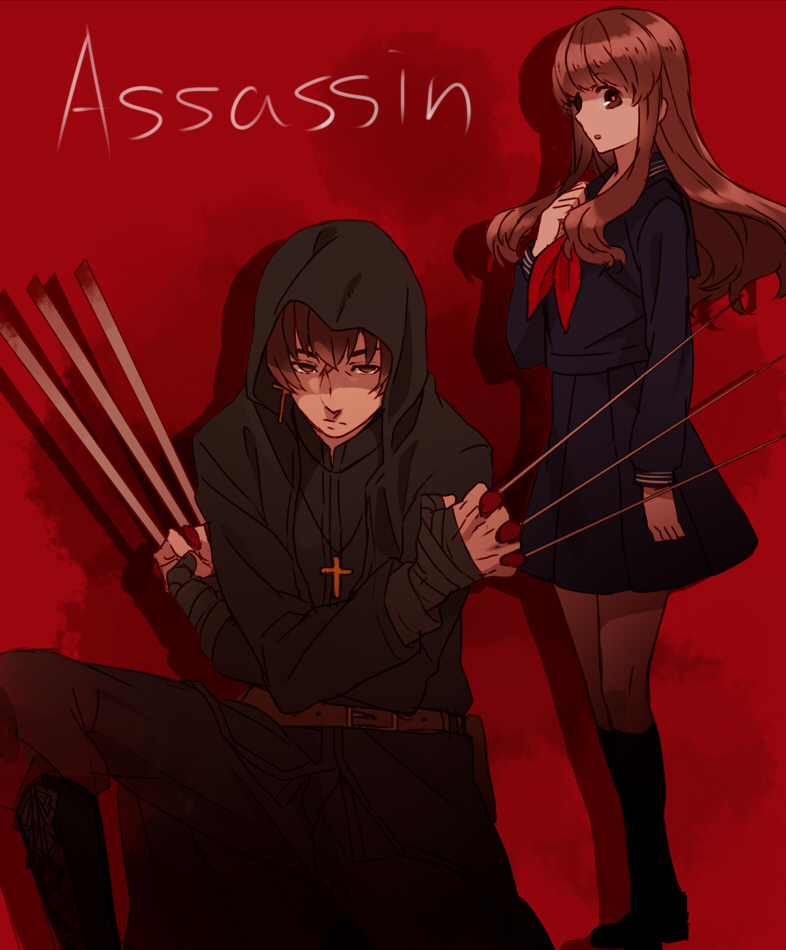 10s 1boy 1girl alternate_universe bad_id bad_pixiv_id belt between_fingers black_keys_(type-moon) brown_eyes brown_hair cross cross_necklace fate/extra fate/extra_ccc fate/zero fate_(series) hand_wraps holding hood jewelry kishinami_hakuno_(female) kotomine_kirei long_hair nagiko_(mangalove1111) necklace pantyhose school_uniform serafuku shiori_(1095951)