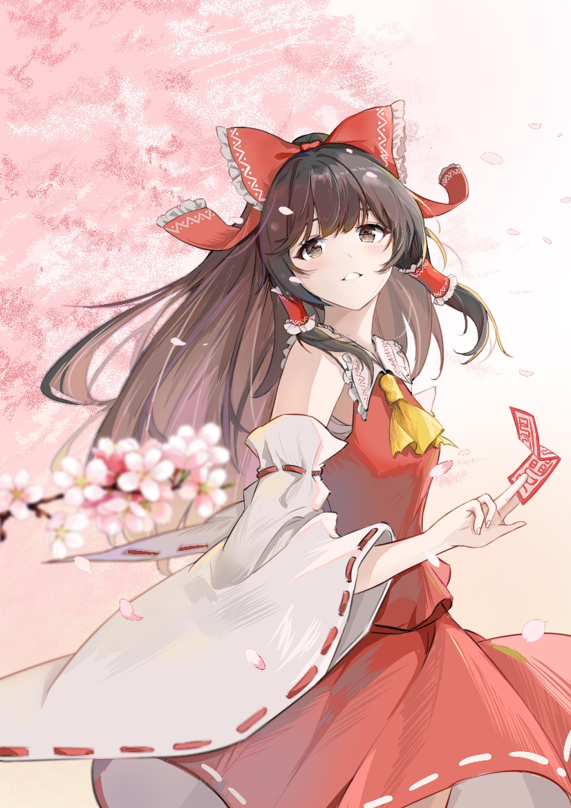 1girl ascot blurry blurry_foreground bow brown_eyes brown_hair cherry_blossoms detached_sleeves floating_hair flower frilled_bow frilled_hair_tubes frills hair_bow hair_tubes hakugyokurou_no_oojou-sama hakurei_reimu holding long_hair medium_skirt pink_flower print_bow red_bow red_shirt red_skirt ribbon-trimmed_sleeves ribbon_trim shirt skirt sleeveless sleeveless_shirt solo standing touhou very_long_hair white_sleeves wide_sleeves yellow_ascot