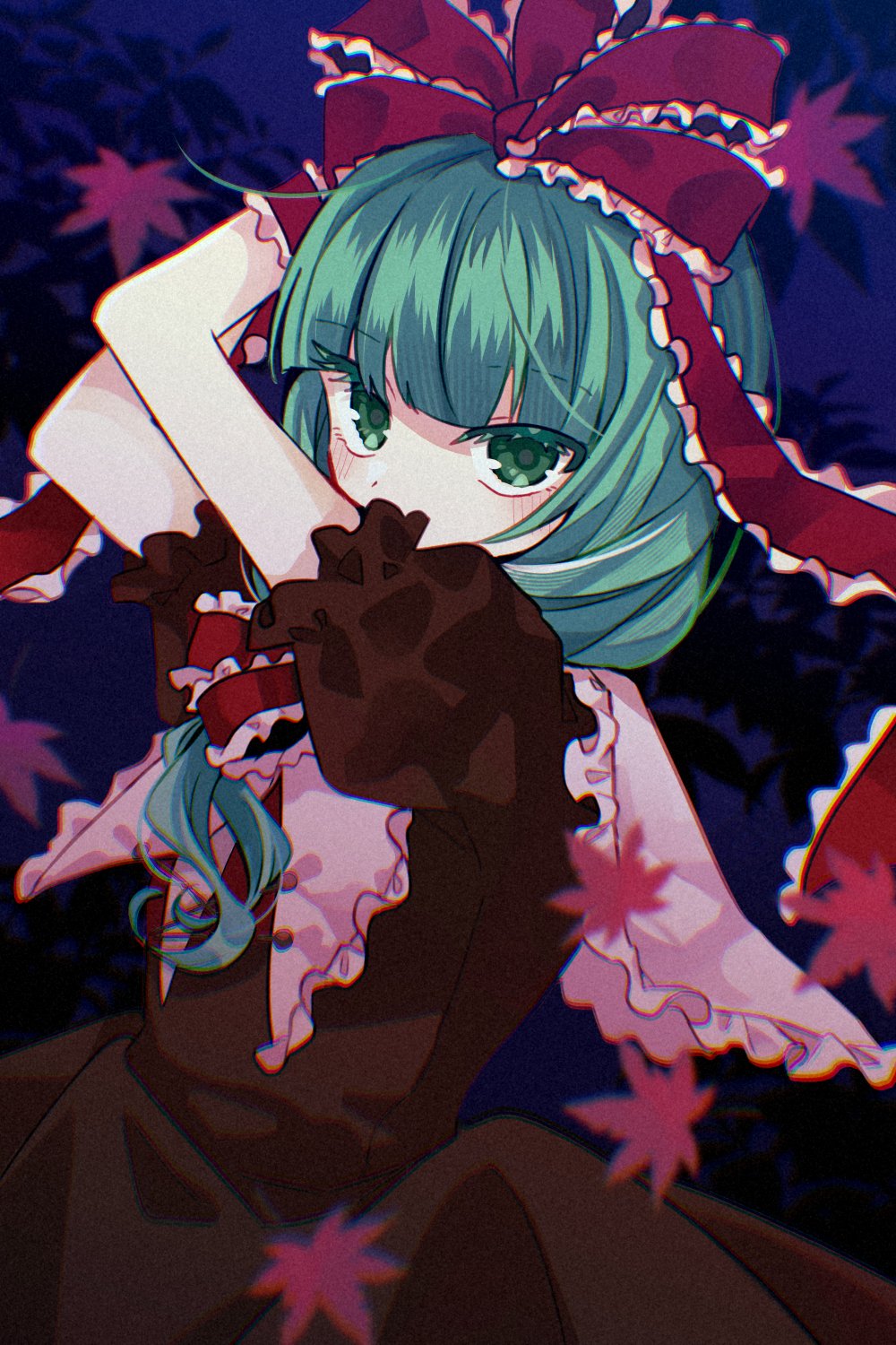 1girl arm_ribbon bow front_ponytail green_eyes green_hair hair_bow hair_ribbon highres kagiyama_hina katsuragi_atori looking_at_viewer red_bow red_ribbon ribbon solo touhou upper_body