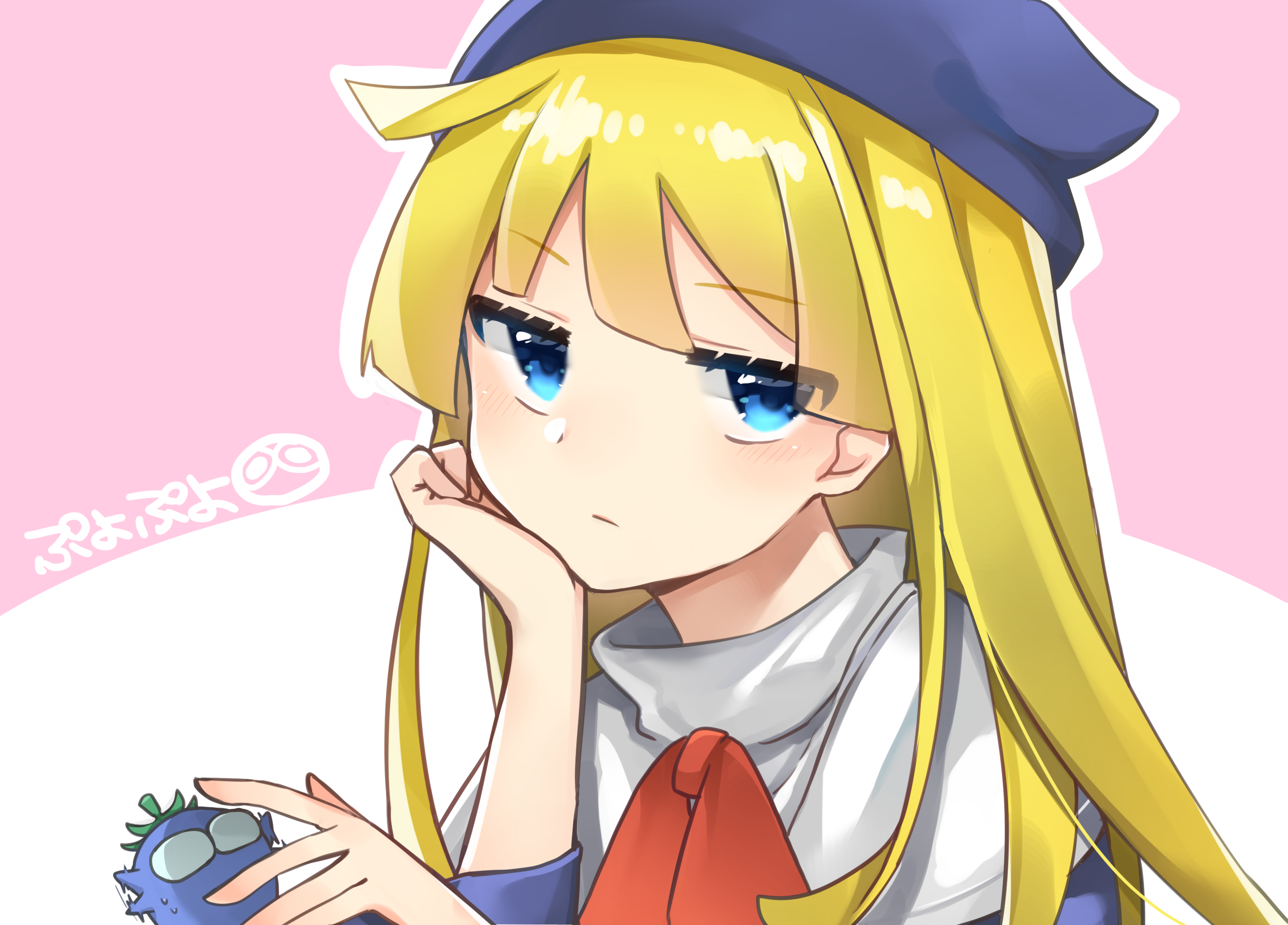 1girl ahoge bad_anatomy bad_hands blonde_hair blue_eyes blue_hat blunt_bangs bow bowtie capelet closed_mouth creature food-themed_creature half-closed_eyes hand_on_own_cheek hand_on_own_face hands_up hat highres jitome light_blush long_hair looking_at_viewer nasu_grave outline pink_background portrait puyopuyo red_bow red_bowtie sideways_glance three-quarter_sleeves solo tsumikitsuki_(katsuobushi) white_background white_capelet white_outline witch_(puyopuyo)
