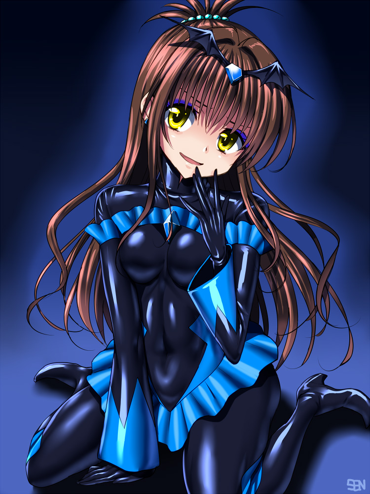 1girl alternate_eye_color arm_support bad_end_beauty bad_end_beauty_(cosplay) bad_end_precure bat_wings beads black_bodysuit blue_background blue_theme bodysuit breasts brown_hair corruption cosplay covered_navel dark_persona dress earrings evil_smile eyeshadow female_focus gem gloves gradient_background hair_beads hair_intakes hair_ornament hand_to_own_mouth head_tilt high_heels jewelry latex latex_dress latex_gloves latex_suit long_hair makeup microskirt open_\m/ precure sen_(sansui) shadow shiny_clothes signature sitting skin_tight skirt small_breasts smile smile_precure! solo tiara to_love-ru topknot turtleneck wariza wide_sleeves wings yellow_eyes yuuki_mikan