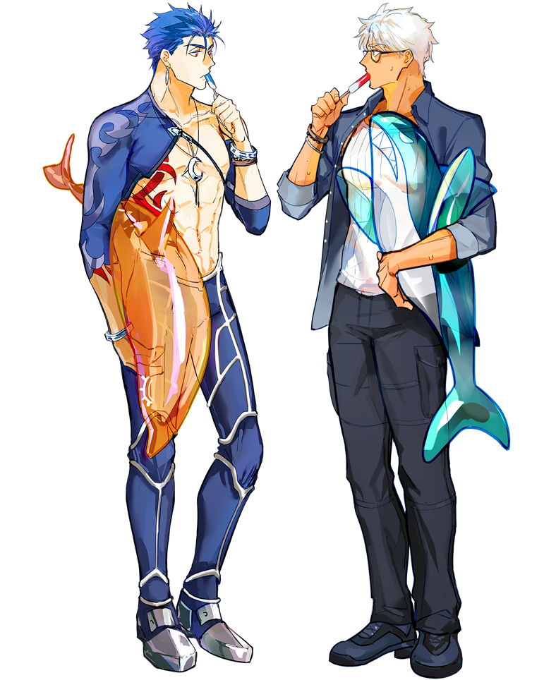 2boys abs archer_(fate) black_footwear black_pants blue_hair blue_pants blue_shirt bracelet candy collarbone commentary crimo cu_chulainn_(fate) cu_chulainn_(fate/stay_night) fate/stay_night fate_(series) food full_body glasses jewelry lollipop looking_at_another male_focus multiple_boys necklace pants pectorals ribbed_shirt shirt short_hair simple_background white_shirt