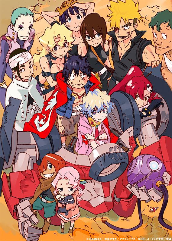 00s 6+boys 6+girls darry_adai dayakka everyone gainaxtop gimmy_adai injury kinon_bachika kittan_bachika kiyoh_bachika lagann leeron_littner mecha multiple_boys multiple_girls nia_teppelin official_art robot rossiu_adai simon_(ttgl) smile sushio tengen_toppa_gurren_lagann yoko_littner