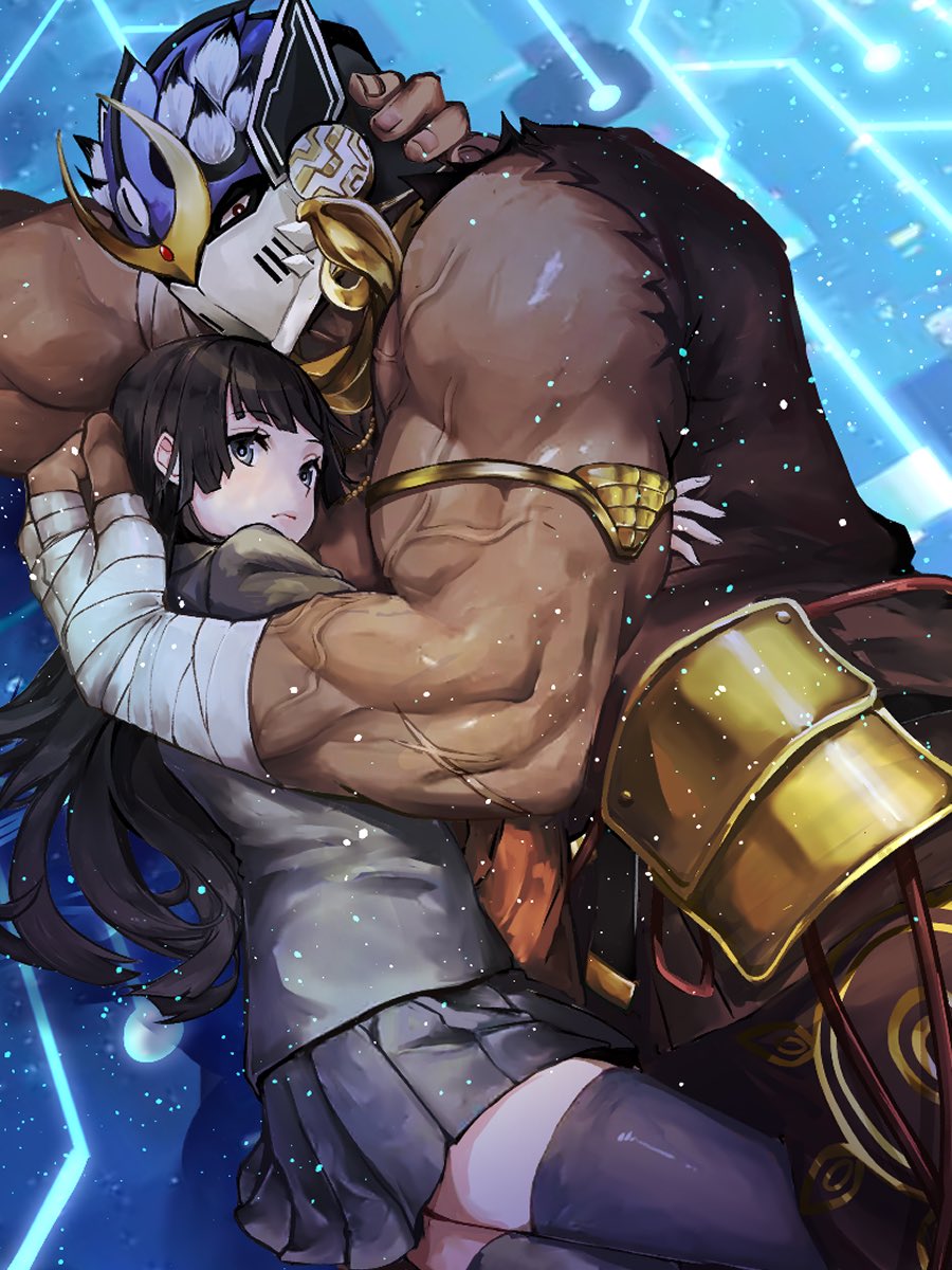 1boy 1girl bandaged_hand bandages bara black_eyes black_jacket black_skirt black_thighhighs blunt_bangs brown_hair circuit_board_print commentary_request dark-skinned_male dark_skin earrings helmet highres hug jacket jewelry light_particles long_hair looking_at_viewer lying muscular muscular_arms muscular_male necklace pleated_skirt protagonist_2_(housamo) scar scar_on_arm shiva_(housamo) sidelocks size_difference skirt tass_commuovere thighhighs tokyo_houkago_summoners veins zettai_ryouiki