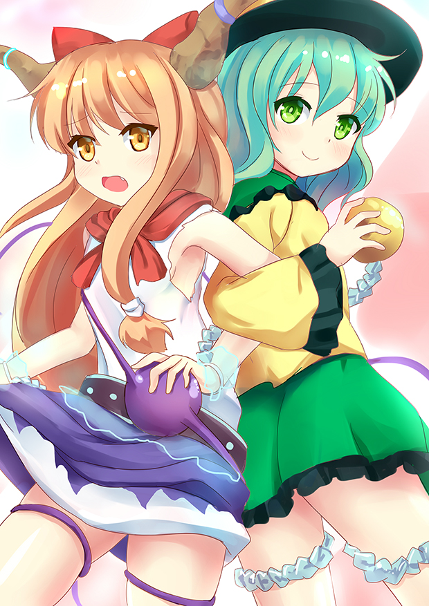 2girls accessories_switch aqua_hair blonde_hair bow fang gradient_background green_eyes hair_bow hat horns ibuki_suika komeiji_koishi locked_arms long_hair multiple_girls niiya oni_horns shirt skirt sleeveless sleeveless_shirt smile thigh_strap third_eye touhou very_long_hair weights yellow_eyes