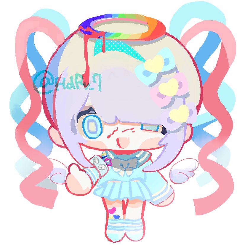 1girl ;d blonde_hair blood blood_drip blood_on_face blue_eyes blue_hair blue_serafuku blue_socks bow bright_pupils chest_bow chibi chibi_only chouzetsusaikawa_tenshi-chan colored_tips drawn_wings full_body hair_bow half-closed_eye halo looking_at_viewer multicolored_hair multicolored_halo multiple_hair_bows naishukketsukata needy_girl_overdose one_eye_closed open_mouth pink_hair quad_tails rainbow_halo school_uniform serafuku smile socks solo thumbs_up white_background white_pupils