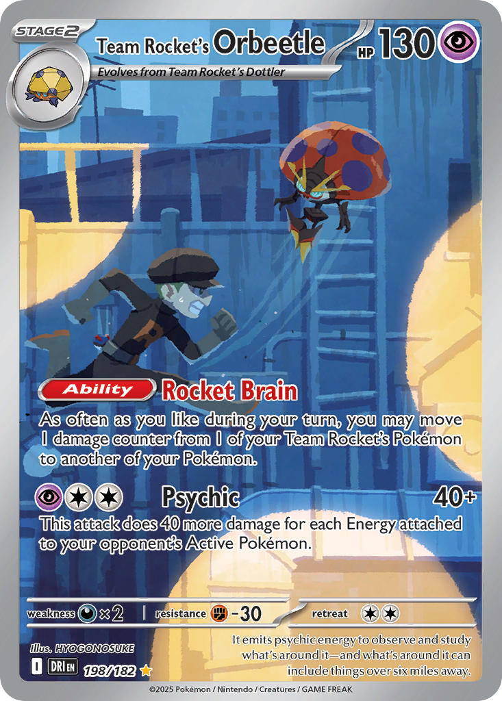 1boy artist_name belt black_pants black_shirt boots building card_(medium) character_name clenched_hands clenched_teeth company_name copyright_name copyright_notice dottler english_text floating from_side full_body gen_8_pokemon gloves great_ball green_hair grey_belt grey_boots grey_gloves hyogonosuke ladder motion_lines night nintendo official_art orbeetle pants poke_ball pokemon pokemon_(creature) pokemon_card pokemon_frlg pokemon_tcg railing running searchlight shirt short_hair sweatdrop team_rocket team_rocket_grunt team_rocket_uniform teeth third-party_source trading_card