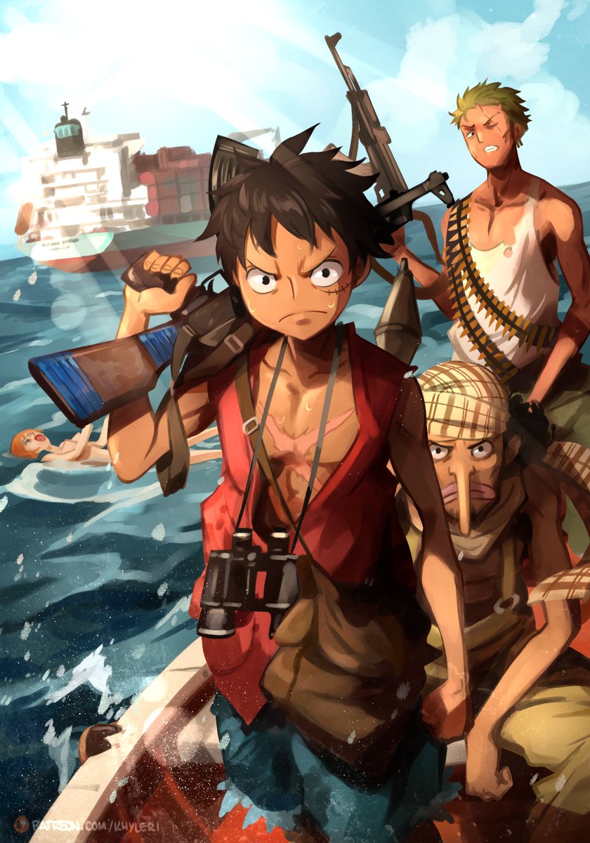 3boys afro ak-47 ammunition_belt assault_rifle bandana binoculars blow_up_doll boat cargo_ship container_ship gun highres holding holding_gun holding_weapon kalashnikov_rifle khyle. long_nose male_focus monkey_d._luffy multiple_boys on_boat one_eye_closed one_piece overalls pectoral_cleavage pectorals red_shirt rifle rocket_launcher roronoa_zoro rpg rpg-7 rpg_(weapon) scar scar_across_eye scar_on_chest scar_on_face sex_doll ship shirt short_hair somali_pirates tank_top usopp watercraft weapon