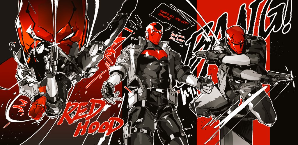 bat_signal batman_(series) batman_symbol black_bodysuit black_gloves bodysuit brown_jacket dc_comics gloves grey_bodysuit guoba7777 jacket jason_todd male_focus mask muscular muscular_male open_clothes pants red_hood_(dc) red_hood_and_the_outlaws red_mask superhero_costume taut_bodysuit two-tone_bodysuit
