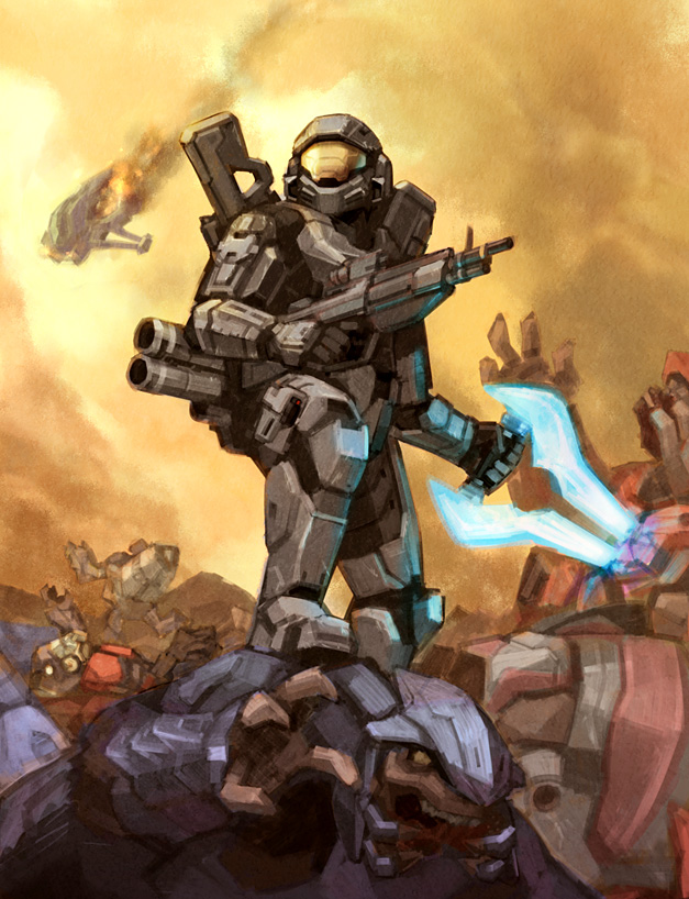 armor assault_rifle battle_rifle blood bullpup corpse damaged energy_sword fire gun halo:_reach halo_(game) halo_(series) helmet holding holding_sword holding_weapon m19 male_focus marksman_rifle multishot_rocket_launcher power_suit rifle rocket_launcher running sangheili smoke spacecraft spartan-b312 spartan_(halo) sword tanaka_(cow) thom-293 type-26_banshee unggoy_(halo) weapon