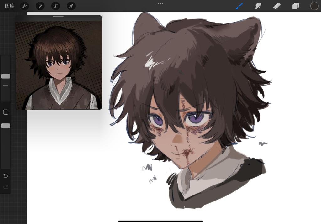 1boy aged_down animal_ears art_program_in_frame blood blood_on_face brown_hair closed_mouth heathcliff_(project_moon) limbus_company ling_zhiyun nosebleed portrait procreate_(software) project_moon purple_eyes reference_inset simple_background solo white_background wolf_ears