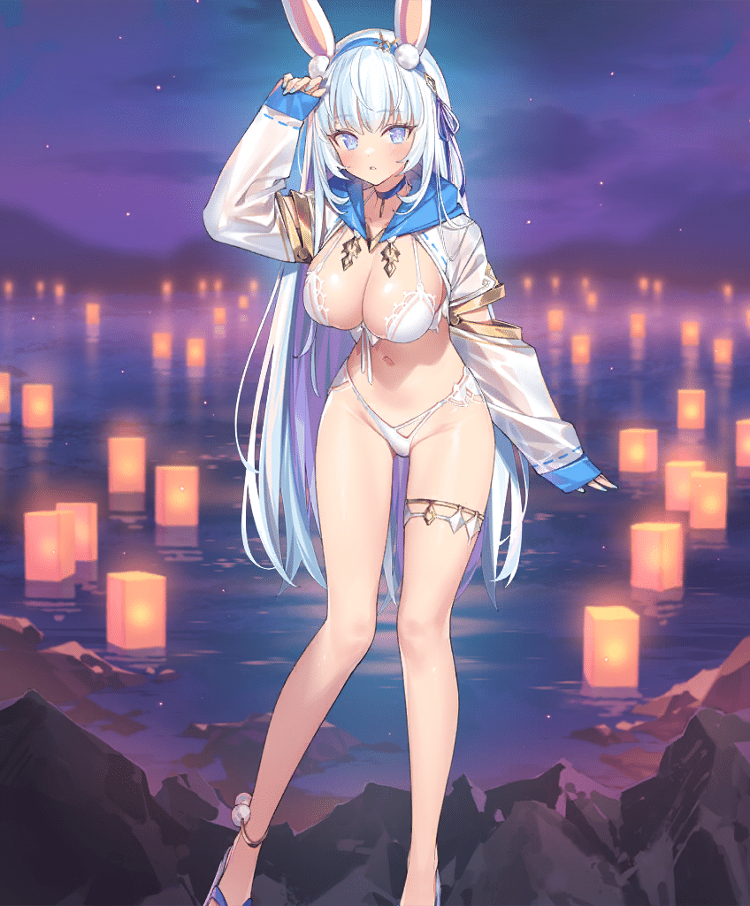 1girl :&lt; animal_ears anklet bikini blue_choker blue_eyes blue_hair blue_hairband blue_nails blue_ribbon blue_sandals blue_sleeve_cuffs blush breasts choker collarbone evertale front-tie_bikini_top front-tie_top gluteal_fold hair_ornament hair_ribbon hairband halterneck hand_on_own_head jewelry kaguya_(evertale) lace lace-trimmed_bikini lace_trim lantern large_breasts long_hair looking_at_viewer micro_bikini multicolored_hair navel night official_alternate_costume official_art paper_lantern pendant_choker pom_pom_(clothes) pom_pom_hair_ornament popqn rabbit_ears rabbit_girl ribbon rock sandals see-through_clothes see-through_shrug see-through_sleeves shiny_skin shore shrug_(clothing) sky solo standing swimsuit two-tone_hair very_long_hair white_bikini white_hair white_sleeves