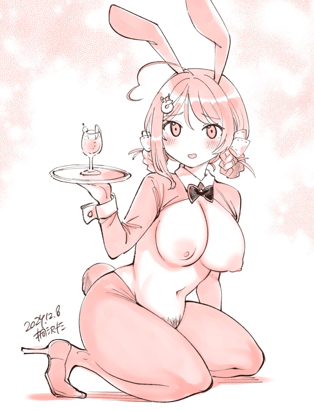 1girl animal_ears blush bow bowtie braid braided_hair_rings breasts chougei_(kancolle) commentary_request cup dated fake_animal_ears fake_tail female_pubic_hair hair_ornament hair_rings high_heels highres holding holding_tray kantai_collection kirisawa_juuzou large_breasts long_sleeves looking_at_viewer meme_attire monochrome nipples pantyhose pubic_hair rabbit_ears red_theme reverse_bunnysuit reverse_outfit signature simple_background solo tail tray wrist_cuffs