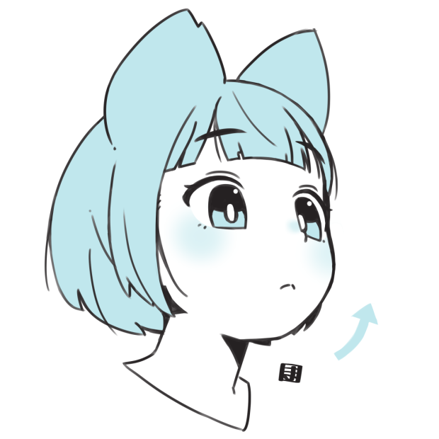 1girl animal_ears arrow_(symbol) blue_theme blush closed_mouth commentary_request cropped_shoulders fox_ears kukuri_(mawaru) mawaru_(mawaru) monochrome original portrait short_hair simple_background solo white_background