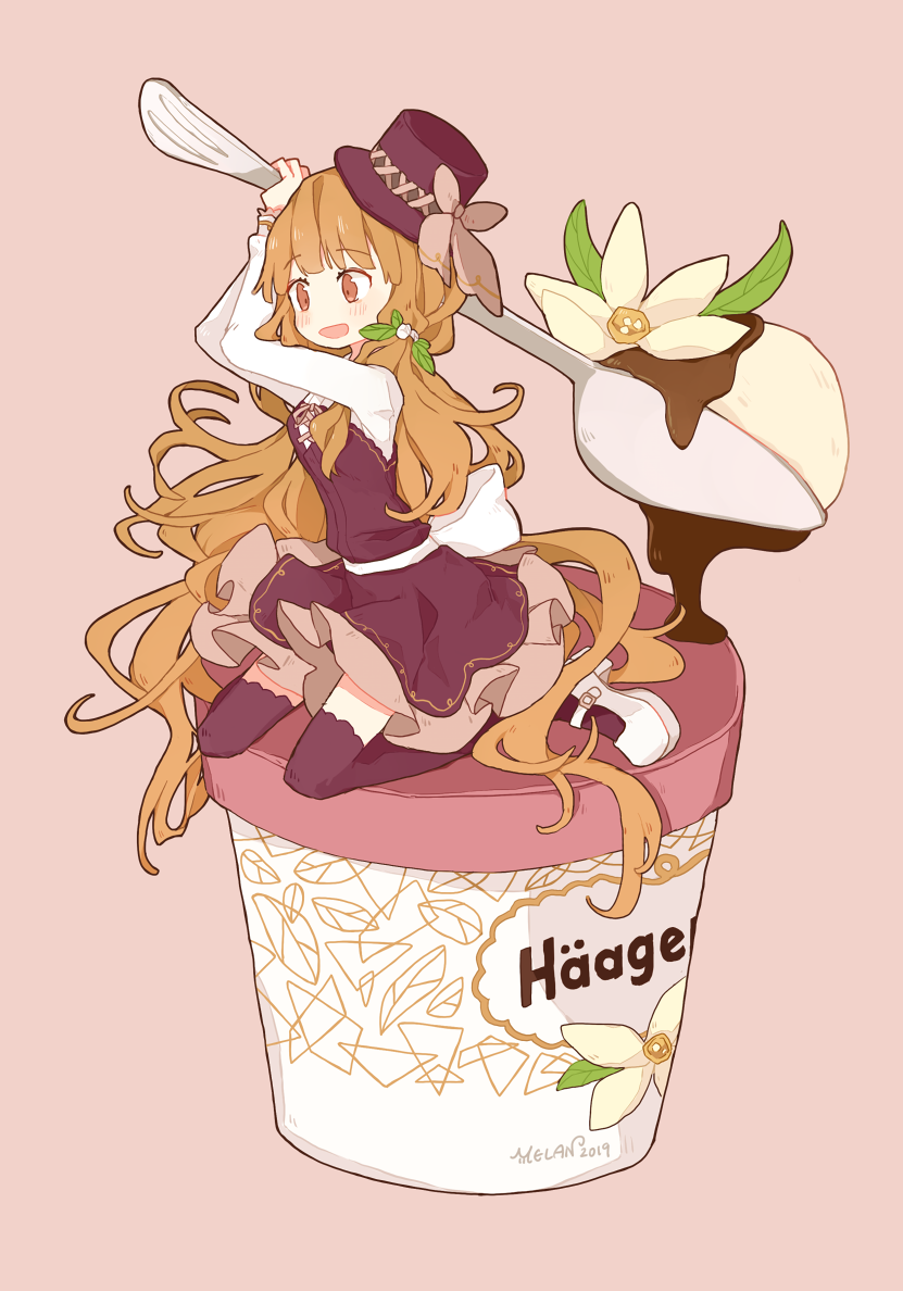 1girl :d arms_up back_bow blunt_bangs blush bow brown_bow brown_eyes chocolate chocolate_syrup cross-laced_clothes cup dated dress floating_hair flower food frilled_dress frills from_side full_body haagen-dazs hair_flower hair_ornament hair_over_shoulder hair_spread_out hat hat_bow high_heels holding holding_spoon ice_cream ice_cream_cup in_food leaf leaf_hair_ornament light_brown_hair lolita_fashion long_hair long_sleeves looking_away melanbread mini_hat mini_person mini_top_hat minigirl no_nose open_mouth original oversized_food oversized_object pleated_dress product_placement purple_dress purple_hat purple_thighhighs sash shoes short_dress signature simple_background sitting sitting_on_food smile solo spoon tan_background tareme thighhighs tilted_headwear top_hat very_long_hair wariza wavy_hair white_flower white_sash white_shoes zettai_ryouiki