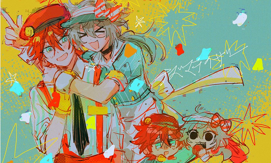 &gt;_&lt; 2boys amagi_rinne apron black_choker black_necktie blue_eyes blue_shirt blush_stickers bow chibi chibi_inset choker collared_shirt commentary_request crying ensemble_stars! fang grey_hair hand_on_another&#039;s_shoulder long_hair low_ponytail male_focus mesmerizer_(vocaloid) multiple_boys necktie orizu_lm overalls ponytail red_eyes red_hair red_overalls sharp_teeth shiina_niki shirt short_sleeves striped_bow teeth upper_body visor_cap white_apron white_shirt