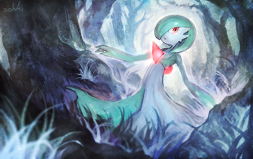 bad_id bad_twitter_id bob_cut colored_skin dress forest gardevoir gen_3_pokemon glowing glowing_eyes grass green_hair looking_at_viewer multicolored_skin nature nintendo parted_lips pink_eyes pokemon pokemon_(creature) signature two-tone_skin waterstaring white_dress white_skin