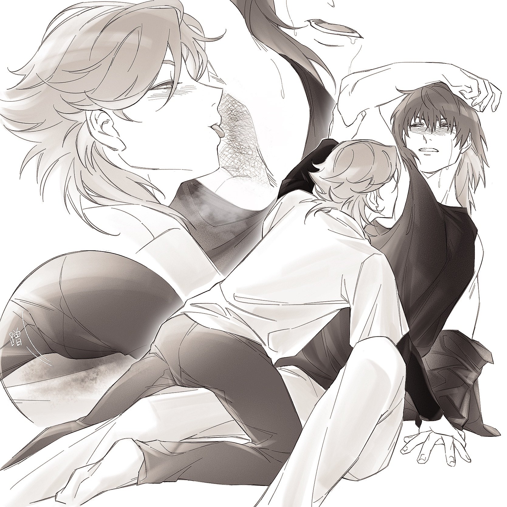 2boys amada_ken aragaki_shinjirou armpits bare_shoulders blush chinese_commentary commentary_request curtained_hair greyscale hair_behind_ear hair_between_eyes hand_on_another's_wrist highres jacket jacket_partially_removed layered_sleeves licking licking_armpit long_sleeves lower_teeth_only male_focus medium_hair monochrome multiple_boys open_mouth pants parted_lips persona persona_3 persona_4:_the_ultimate_in_mayonaka_arena persona_4:_the_ultimax_ultra_suplex_hold rentonotnerd saliva shirt short_over_long_sleeves short_sleeves sleeveless sleeveless_shirt sweat teeth tongue tongue_out white_background yaoi