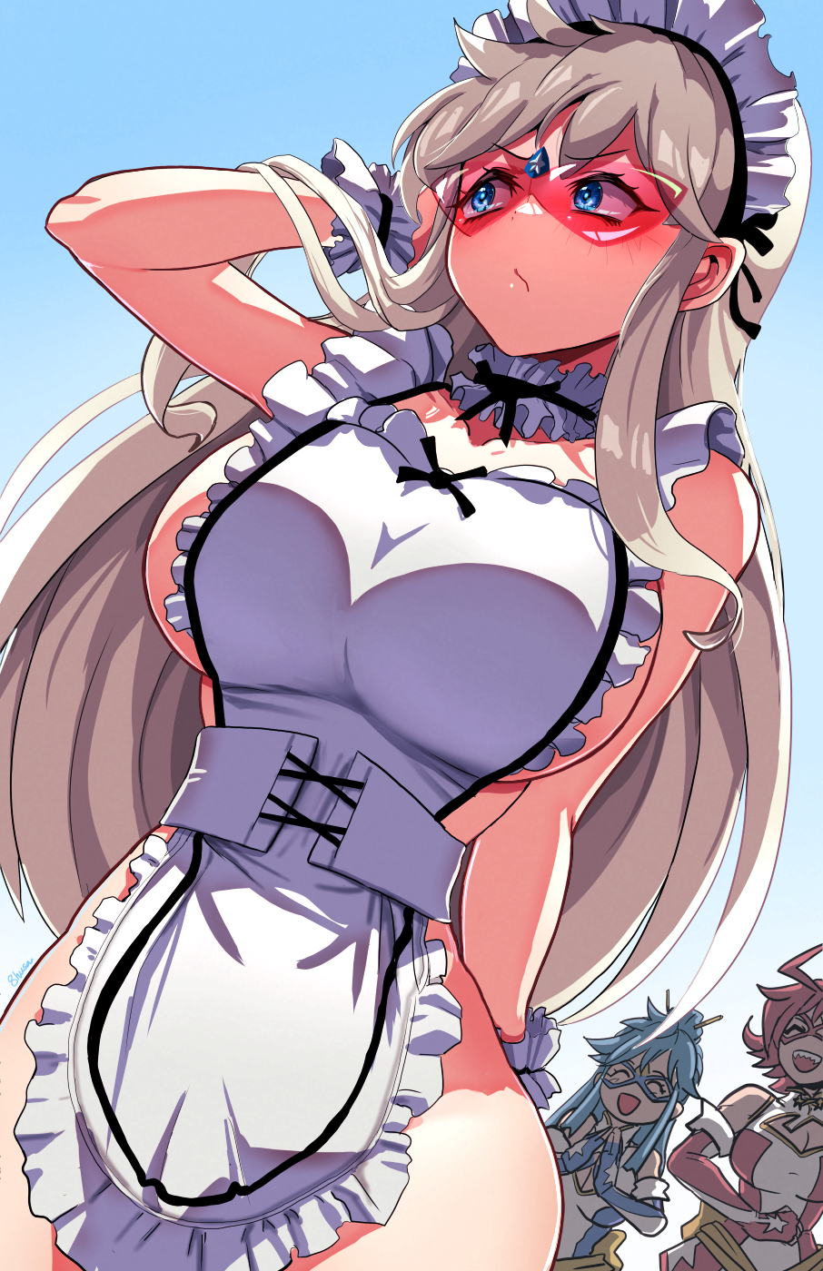 3girls apron arm_behind_back bare_hips blonde_hair blue_eyes blue_hair breasts choker cleavage closed_mouth cosplay cowboy_shot dutch_angle frilled_apron frilled_choker frills from_below fujioka_yatsufusa hand_on_own_head highres kamen_america_(comic) kamen_comet kamen_ramen kamen_ramen_(cosplay) kamen_victory large_breasts long_hair looking_to_the_side maid_headdress multiple_girls naked_apron narrow_waist red_hair revealing_clothes sideboob sky smile solo_focus wide_hips